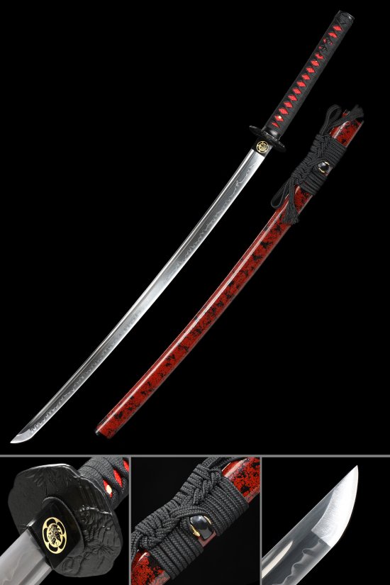 T10 Carbon Steel Katana with Real Hamon in Red-Black Lacquer Saya - Dragon Tsuba