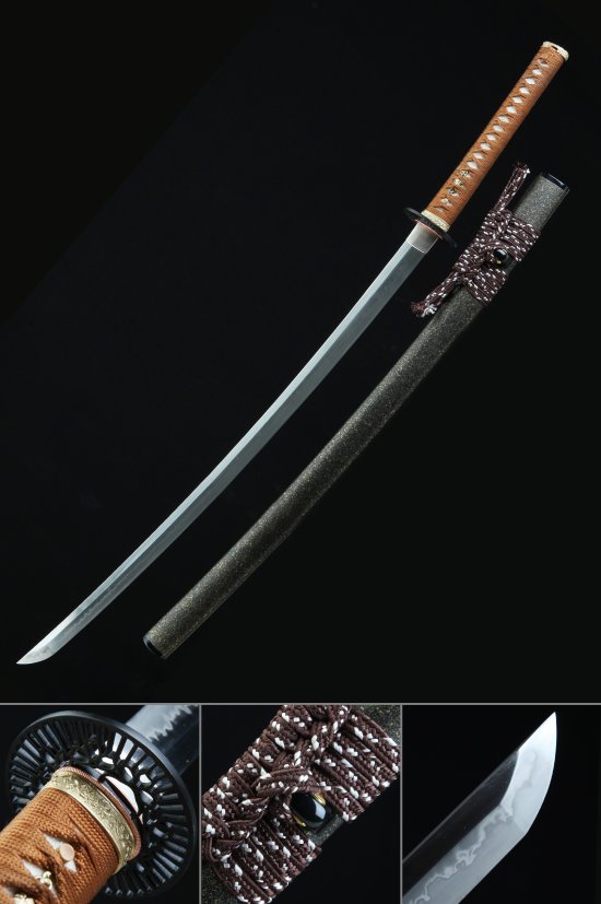 Round Plain Tsuba T10 Carbon Steel Katana, Hand Forged, Black Saya & Brown Tsuka