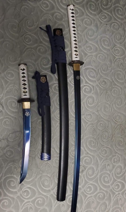 Handmade Japanese Katana And Tanto Sword Set With Blue Blade