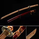 Handmade Japanese Wooden Unsharp Katana Sword With Brown Blade And Red Scabbard