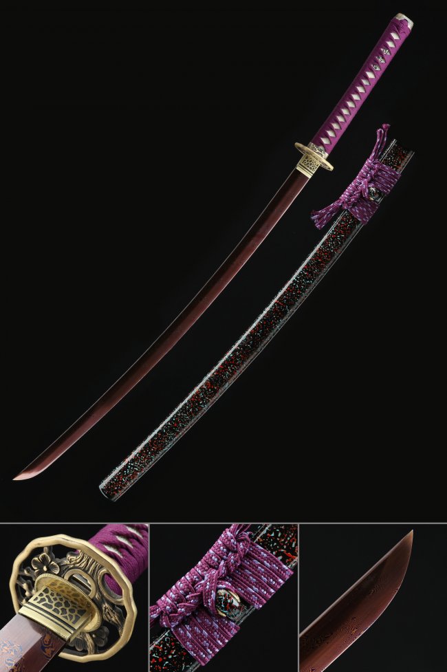 Damascus Steel Katana Red Blade with Purple Ito, Gold Dragon Tsuba - Full Tang Replica