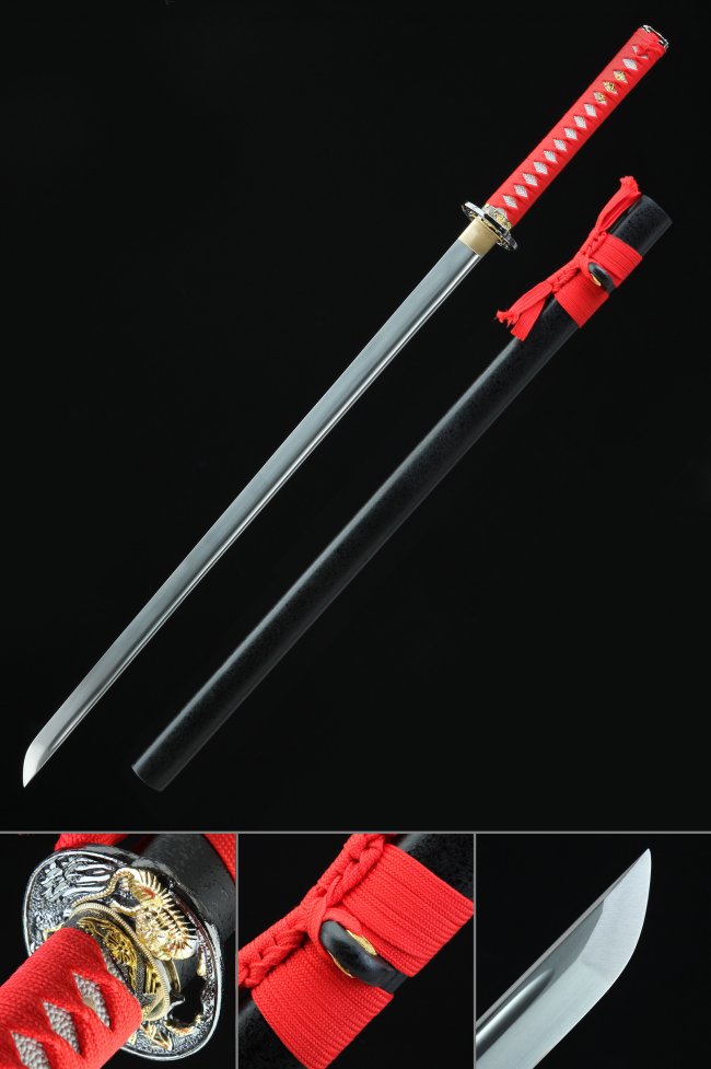 1060 Steel Ninjato Sword with Tiger Tsuba - Red Ito, Black Lacquer Saya, 27.5in Blade