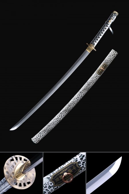 Curved Katana, Handmade Japanese Katana Sword High Manganese Steel With Snow Leopard Scabbard