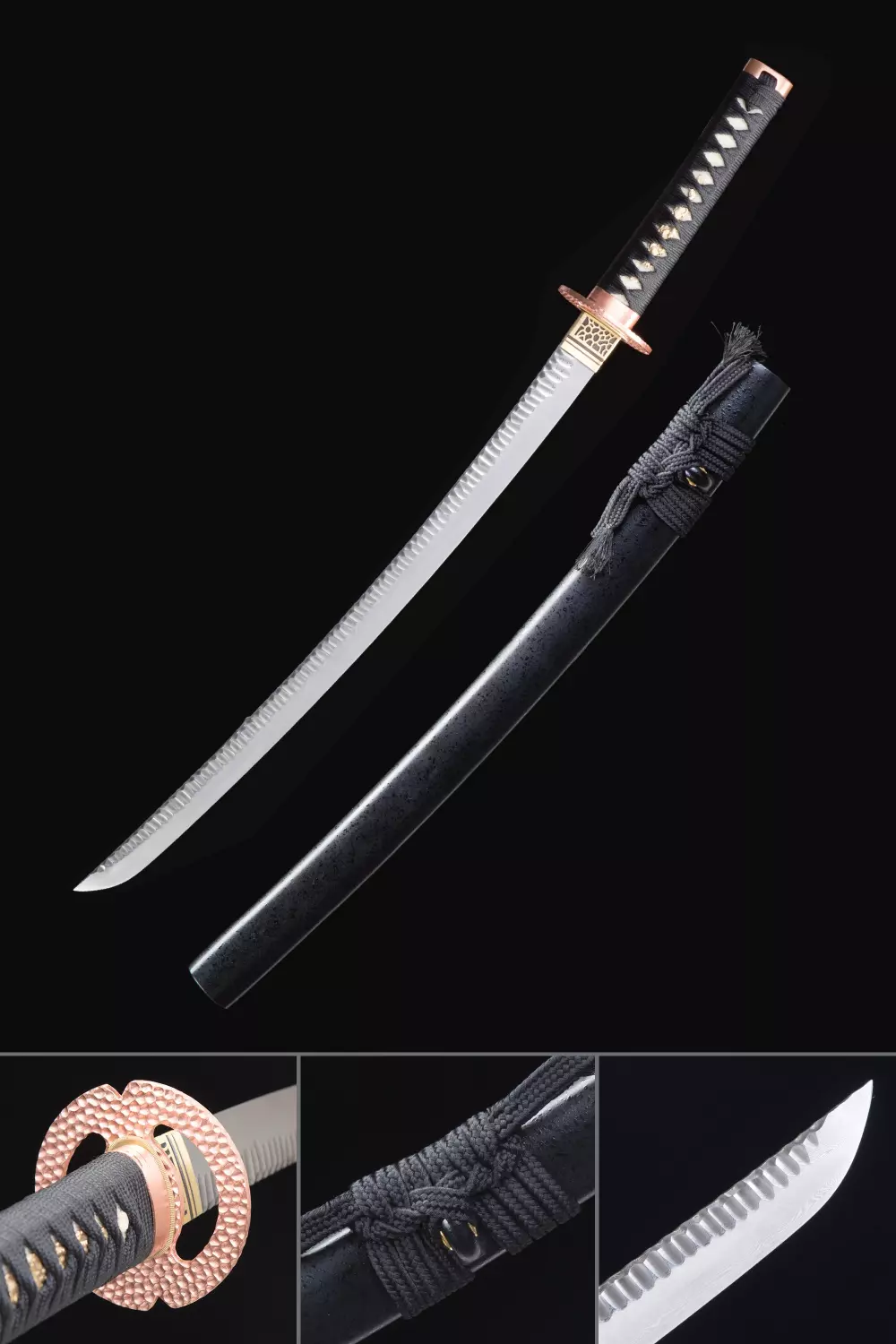 Short Katana | Damascus Steel Wakizashi with Rose Gold Tsuba