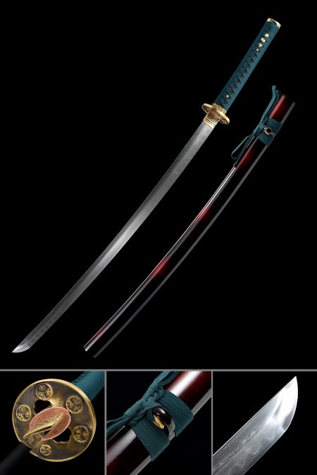 Handmade Japanese Samurai Sword Damascus Steel With Black And Red Saya