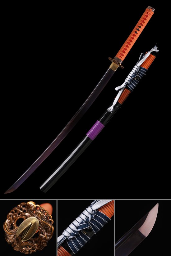 Folded Melaleuca Steel Katana with Purple Blade, Orange Handle & Bronze Koi Tsuba