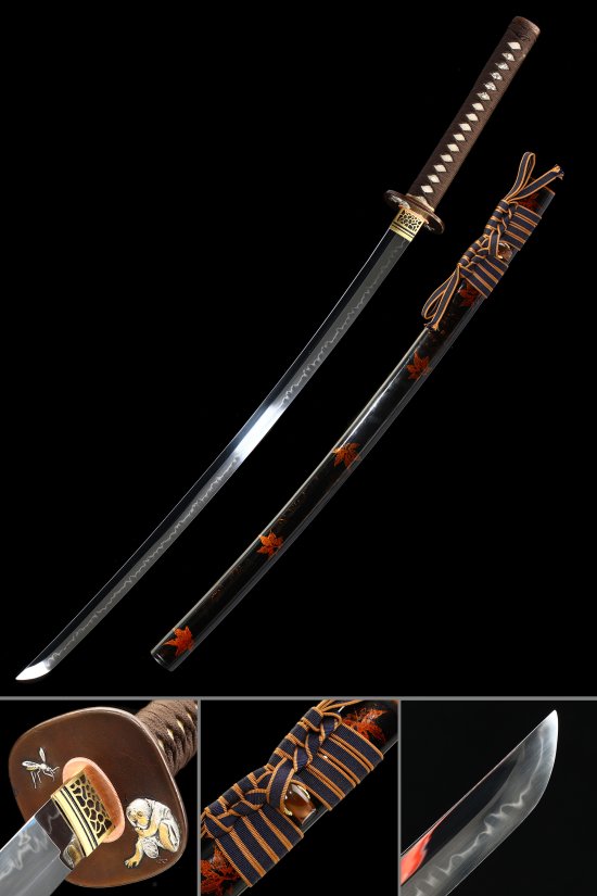 Black Flower Saya T10 Carbon Steel Katana, Brown Tsuka, Mix Color Finish & Copper Tsuba