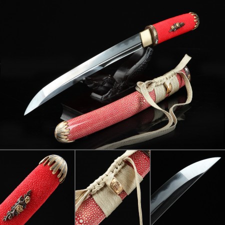 High-performance Pattern Steel Real Hamon Japanese Aikuchi Tanto Sword With Red Scabbard
