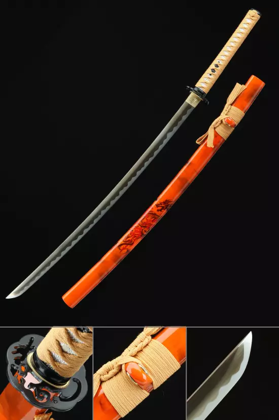 Handmade Japanese Katana Sword Spring Steel With Orange Scabbard