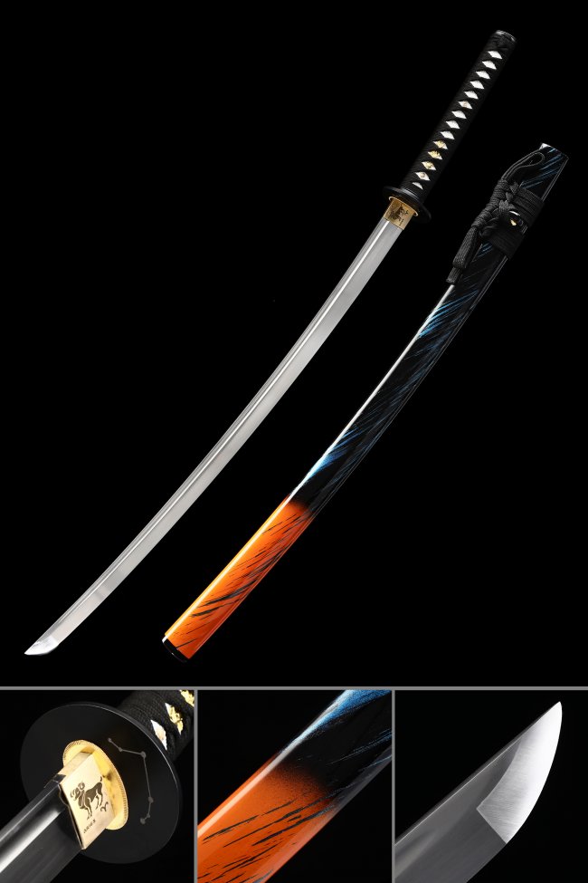 Manganese Steel Katana with Orange-Black Lacquer Saya, Gold Tsuba & Black Cord Handle