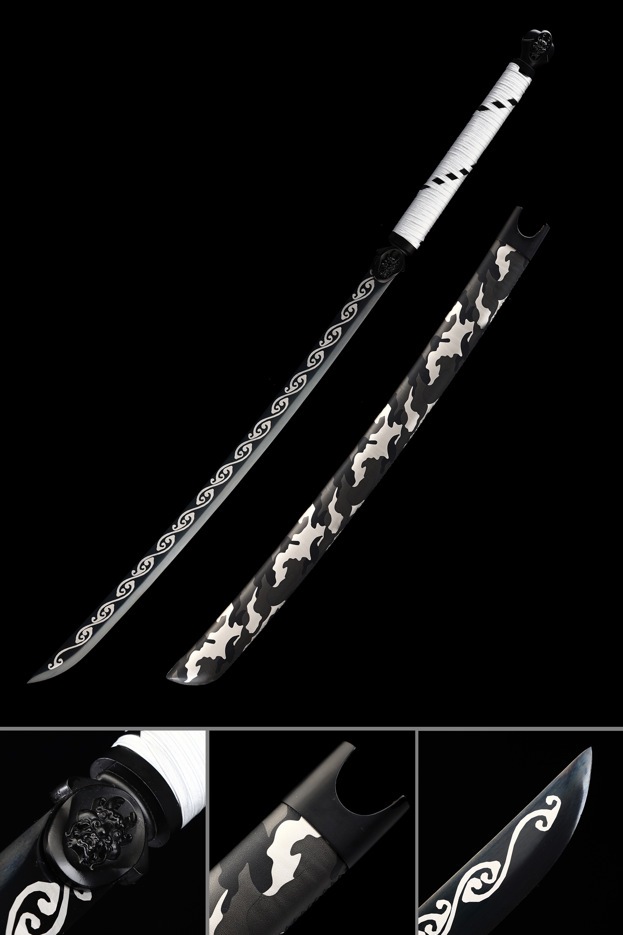 Handmade Japanese Katana Sword With Black Blade And Camouflage Scabbard