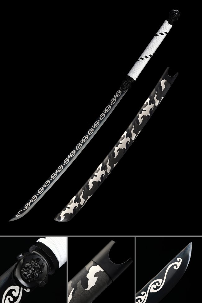 Manganese Steel Katana with Black Blade, Wave Engraving in Camo Hardwood Saya - White Tsuka