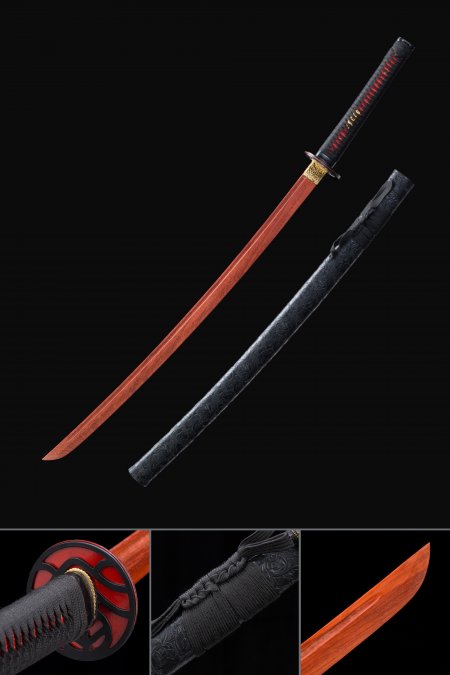 Handmade Red Wooden Blade Bokken Practice Katana Samurai Sword With Black Leather Scabbard