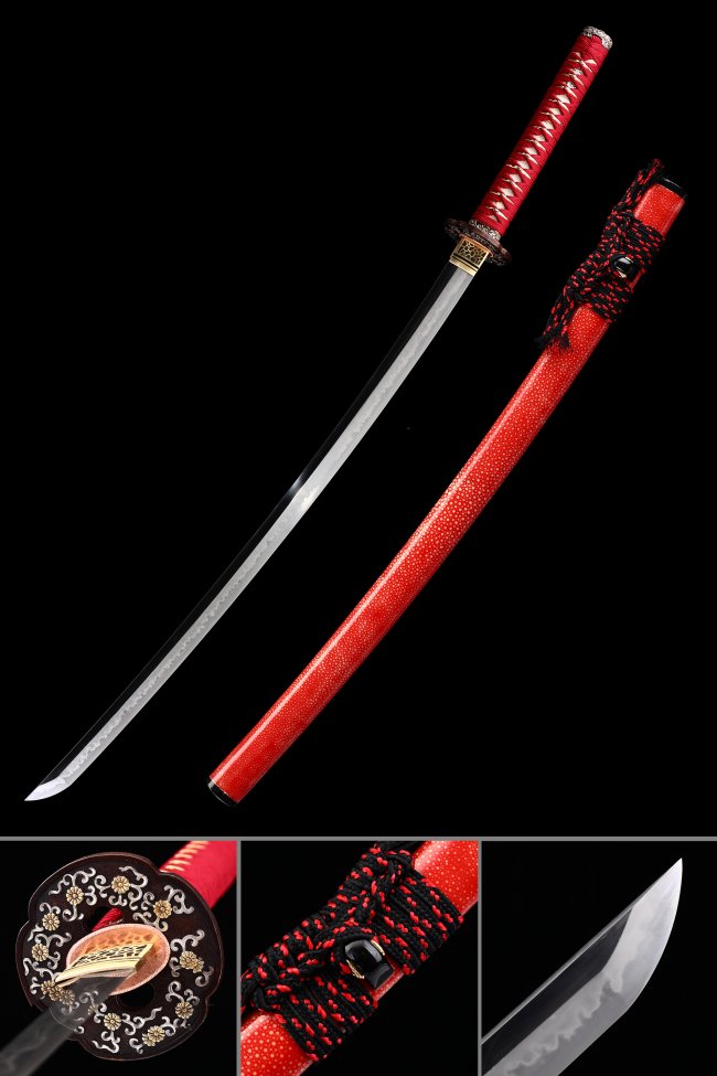 Chrysanthemum Tsuba T10 Carbon Steel Katana, Full Tang, Red Saya & Red Tsuka