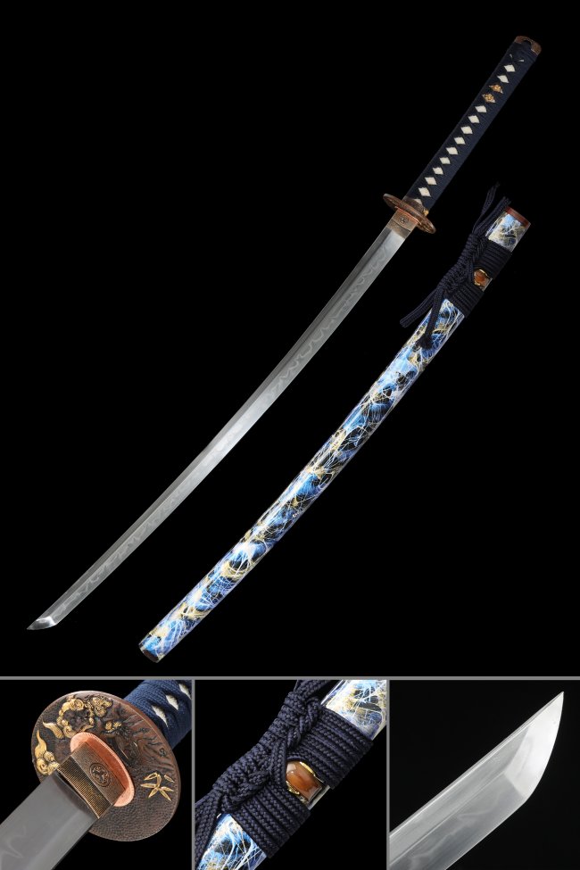 Damascus Steel Katana with Lightning Saya - Dark Blue Tsuka, Bronze Cloud Tsuba, Full Tang Blade