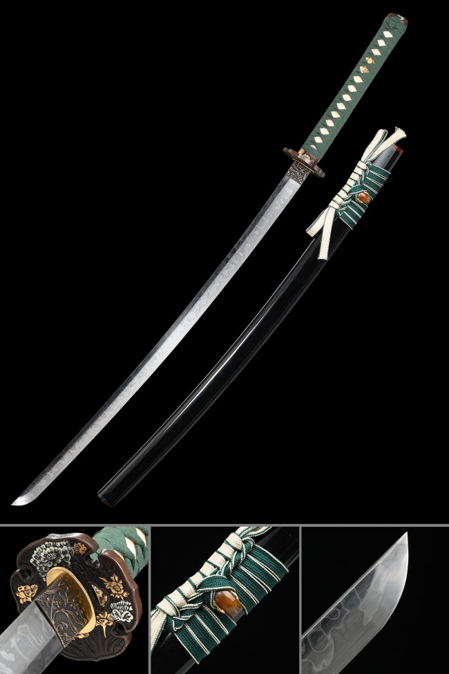Manganese Steel Katana with Real Hamon, Green Ito & Flower Alloy Tsuba - Collectible Replica