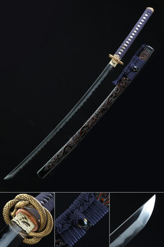 Folded Melaleuca Steel Katana with Dragon-Carved Black-Red Saya - Gold Snake Tsuba, Purple Ito