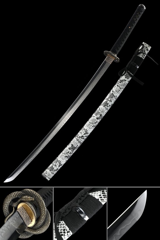 T10 Carbon Steel Katana with Snake Tsuba in White-Black Python Saya - Hamon Blade