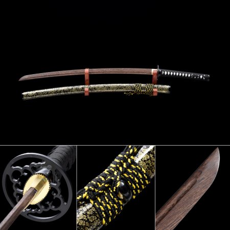 Handmade Brown Wooden Blade Unsharpened Katana Sword With Multi-colored Scabbard And Iron Tsuba