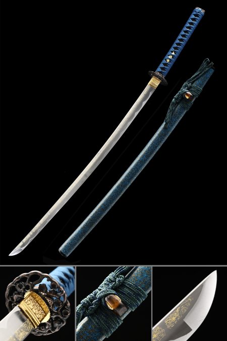 Handmade Japanese Katana Sword Spring Steel With Blue Scabbard