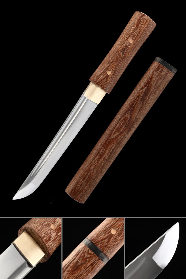 Full Tang 1045 Carbon Steel Tanto, Brown Saya, Brown Tsuka & Natural Wood Finish