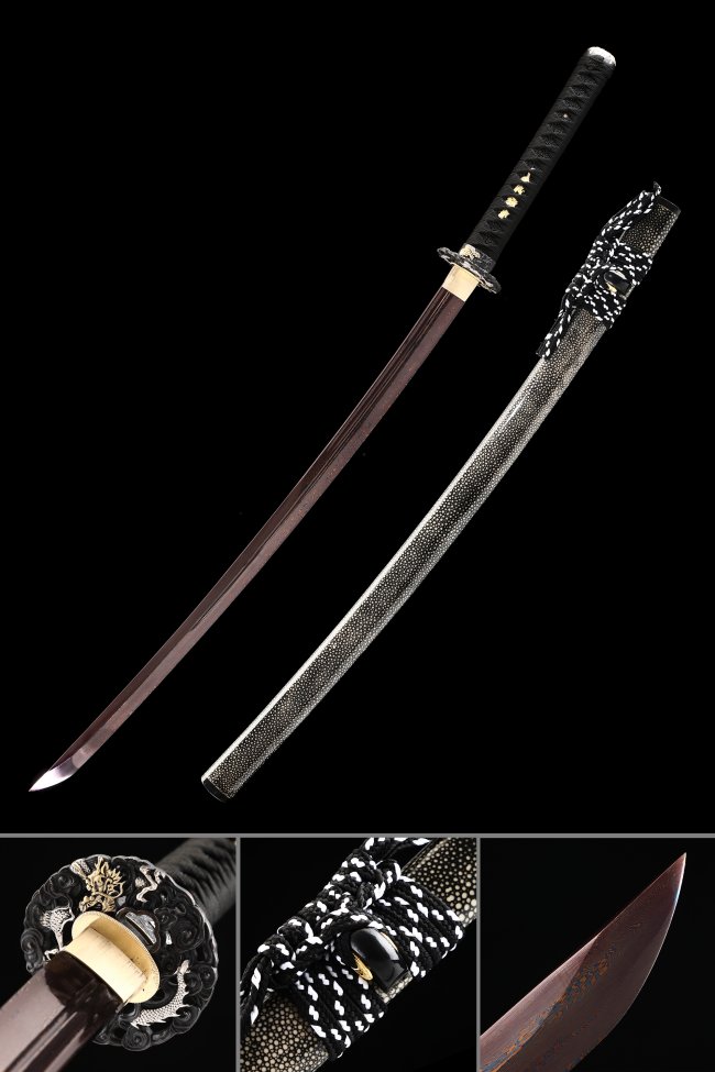 Damascus Steel Katana with Dark Red Blade, Dragon Tsuba & Pearl Rayskin Saya