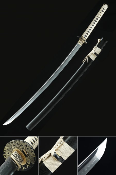 Handmade Japanese Samurai Sword T10 Carbon Steel Real Hamon With Black Scabbard