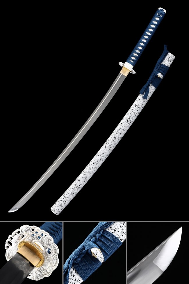 Wave Tsuba Manganese Steel Katana, Handcrafted, White Saya & Dark Blue Tsuka