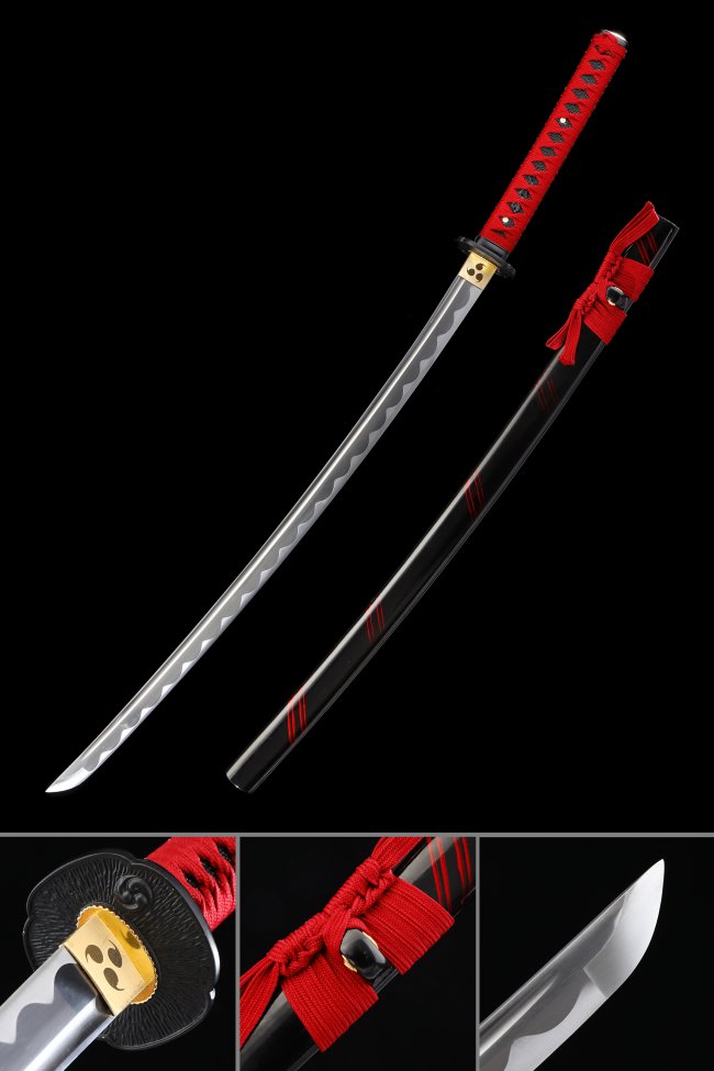 1045 Carbon Steel Katana with Red Tsuka, Black Lacquer Saya - Chrysanthemum Tsuba Replica