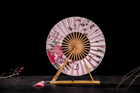 Japanese Pink Round Windmill Fan With Bamboo Frame For Decoration