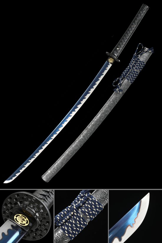 1095 Carbon Steel Katana with Blue Blade in Silver Engraved Saya - Full Tang Samurai Sword