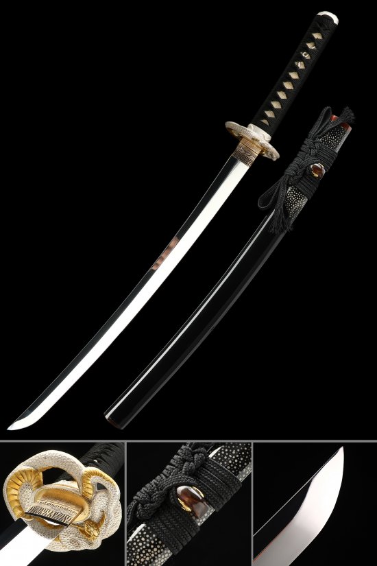1095 Carbon Steel Wakizashi with Snake Tsuba, Black Cord Handle & High Polish Blade
