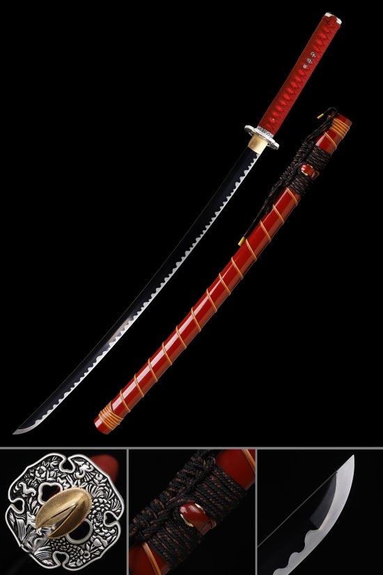 1090 Carbon Steel Katana with Red Lacquer Saya, Silver Floral Tsuba & Red Ito Wrap