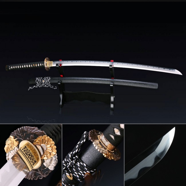 Chrysanthemum Tsuba T10 Carbon Steel Katana, Clay Tempered, Real Hamon & Full Tang