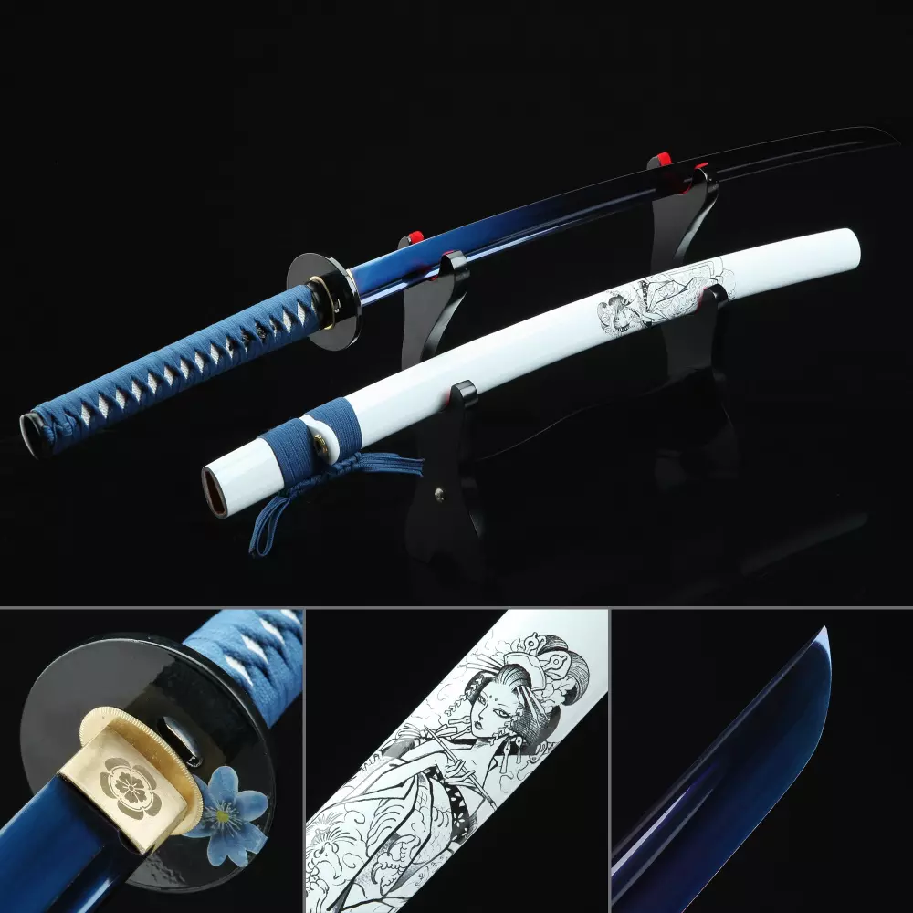 Handmade High Manganese Steel Blue Blade Real Japanese Katana Samurai Swords With White Scabbard Realkatana