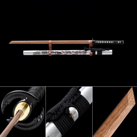 Handmade Brown Wooden Straight Blade Unsharpened Chokuto Ninjato Ninja Swords With Silver Scabbard