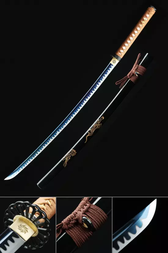Handmade Real Japanese Samurai Sword With Blue Blade And Black Scabbard