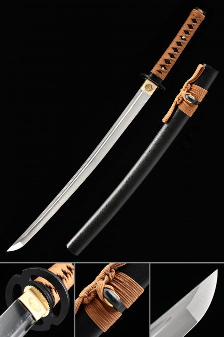 Épée Wakizashi Japonaise En Acier Au Manganèse à Haute Teneur En Bois Faite à La Main Avec Fourreau Noir Et Tsuba Ronde