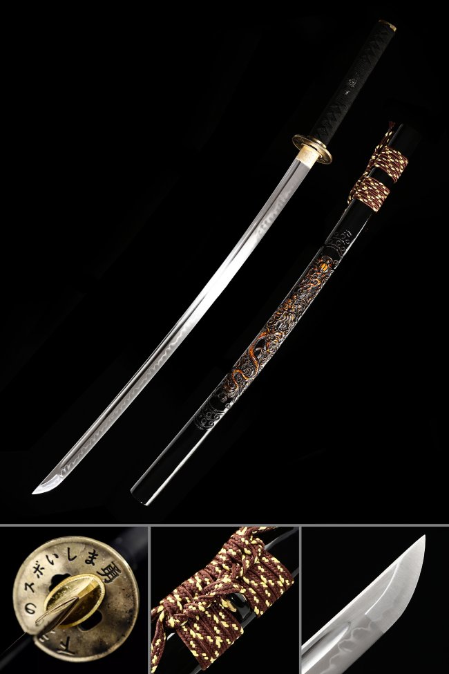 T10 Folded Clay Tempered Katana with Real Hamon - Dragon Embossed Black Saya in Gold Alloy Tsuba