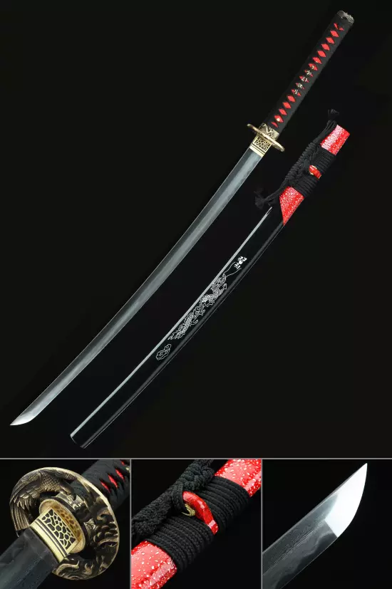 Katana Rouge  Acier De Modèle D'épée De Katana Japonais Fait à La Main  Avec Fourreau Rouge Et Tsuba De Dragon - TrueKatana