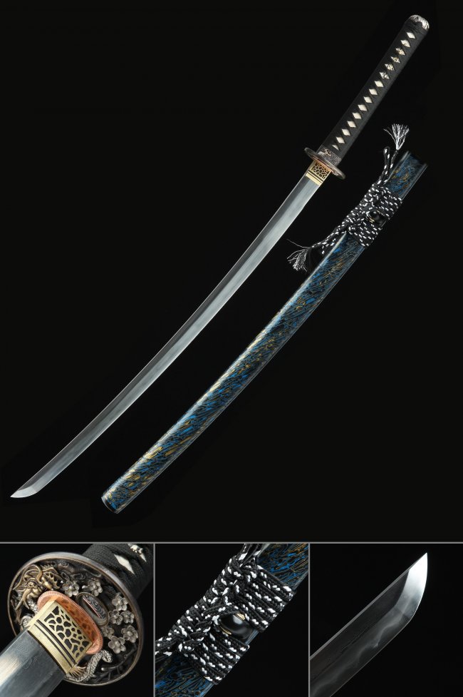 Damascus Steel Katana with Clay-Tempered Hamon, Real Rayskin Handle in Blue Dragon Saya