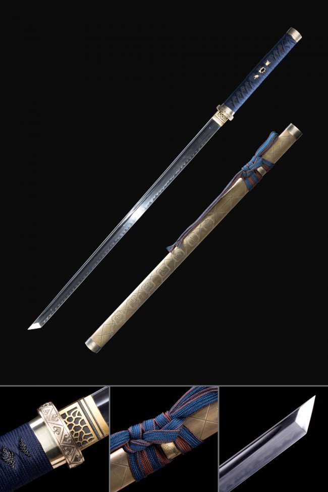 T10 Carbon Steel Chokuto Ninjato with Gold Tsuba in Blue Cord Wrap & Beige Engraved Hardwood Saya