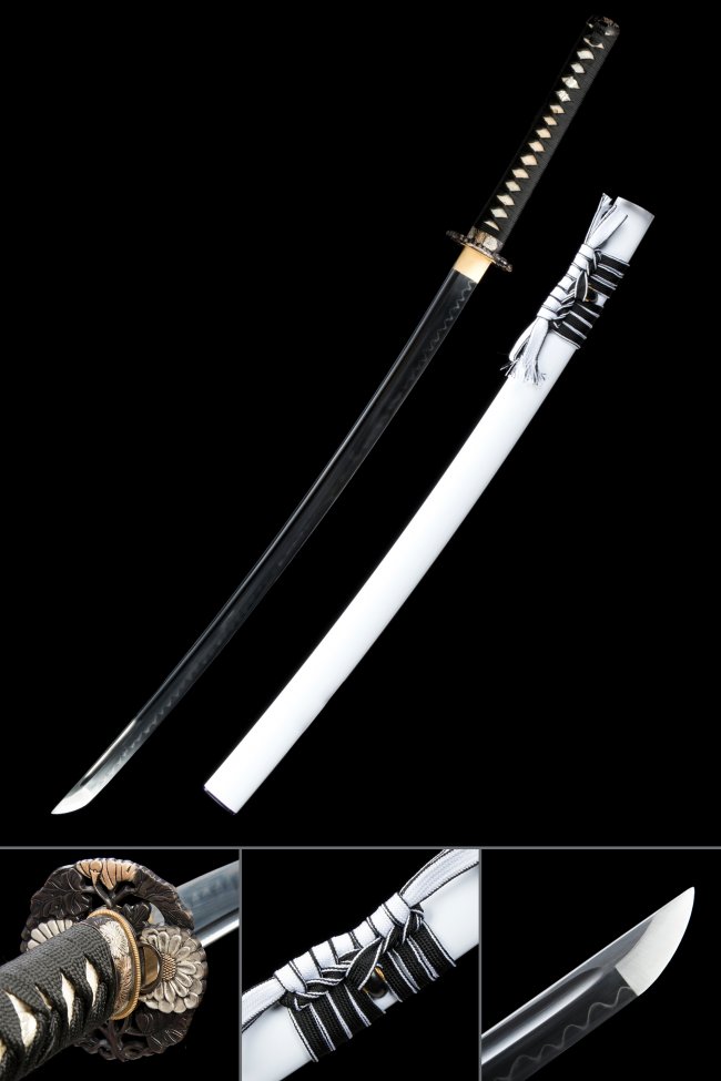 T10 Carbon Steel Katana with White Lacquer Saya - Bronze Chrysanthemum Tsuba, Black-White Sageo