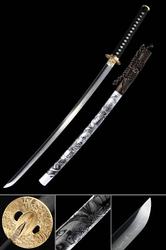 Dragon Tsuba T10 Carbon Steel Katana, Handmade, White Dragon Saya & Black Tsuka