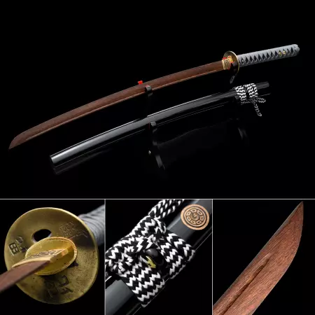 Handmade Brown Wooden Blunt Unsharpened Blade Katana Samurai Swords With Black Scabbard