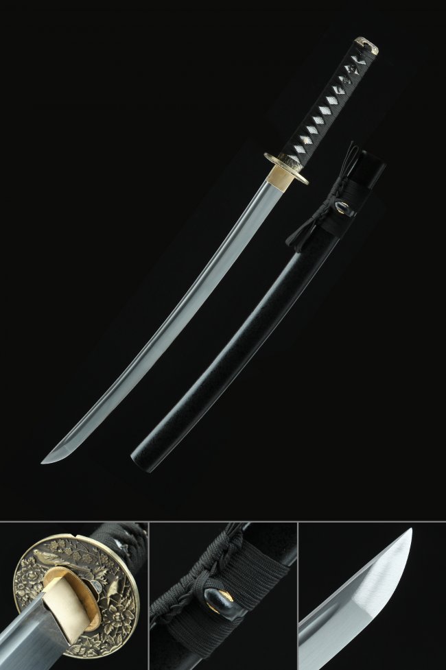 Manganese  Steel Wakizashi Sword With Black Piano Lacquer Saya And Floral Bird Tsuba