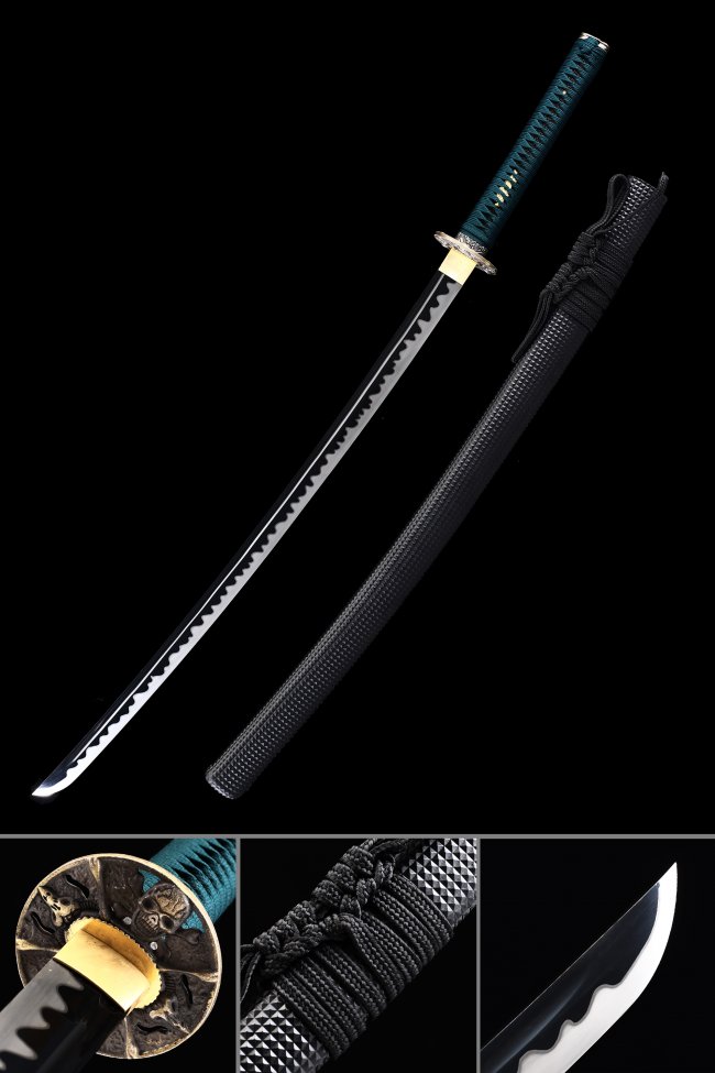 Skull Tsuba Manganese Steel Katana, Full Tang, Handmade & Black Saya