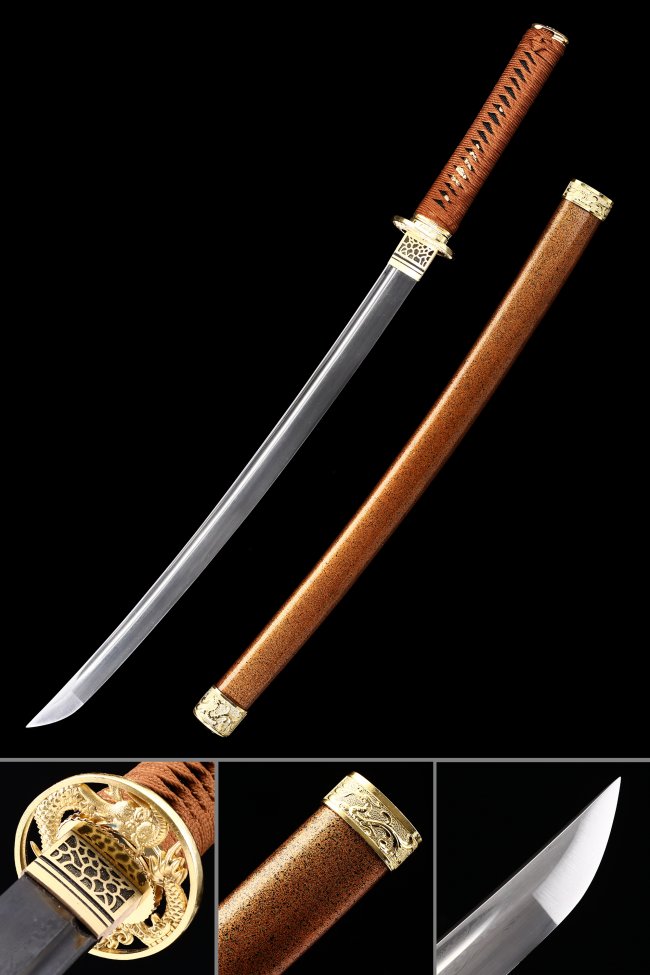Damascus Steel Wakizashi with Brown Hardwood Saya, Gold Dragon Tsuba & Brown Cord Handle