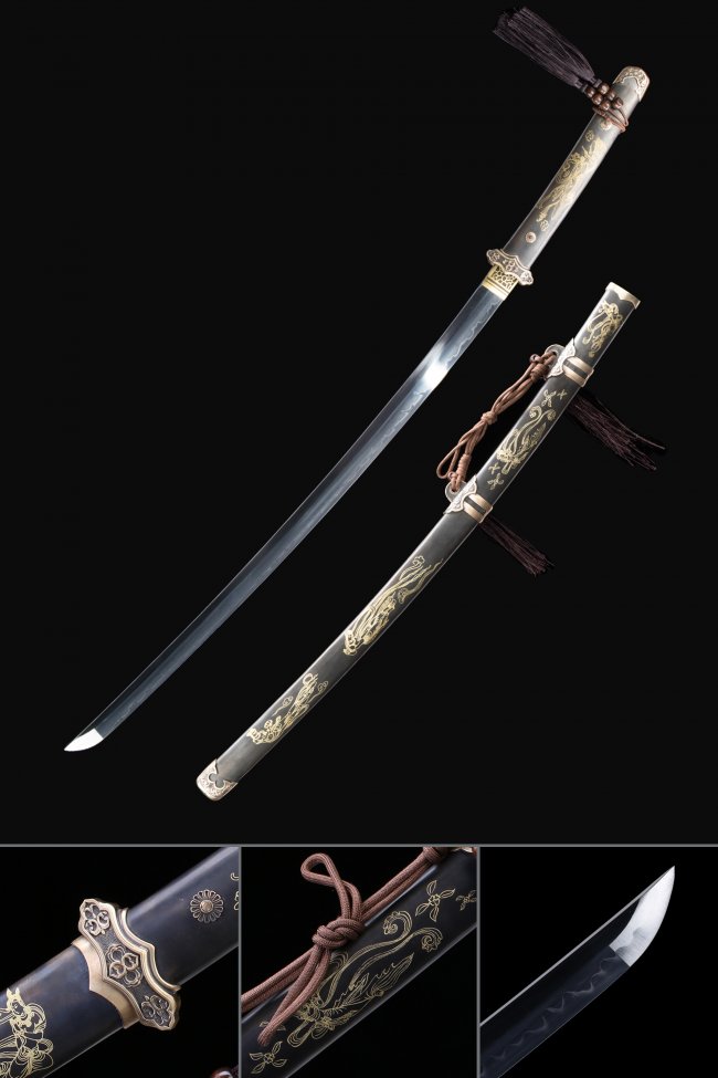 T10 Clay Tempered Katana with Real Hamon - Flower Tsuba, Black Hardwood Saya, Copper Fittings