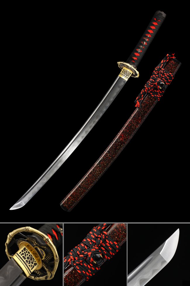 1000 Layer Folded Steel Japanese Wakizashi with Real Hamon - Red Sparkle Saya and Brass Snake Tsuba